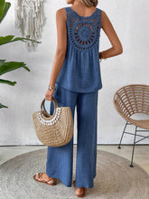 Women's Lace Patchwork Vest And Wide Leg Pants Set, Perfect For Summer Vacation